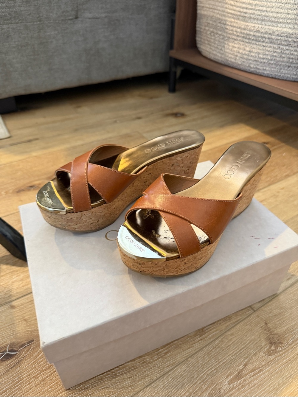 Jimmy Choo Brown Leather Cork Wedge Sandals 36